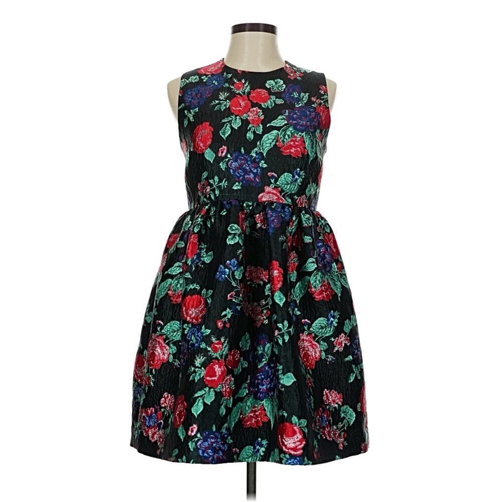 MSGM Black Floral Jacquard Dress with Red, Green Blue volume voluminous